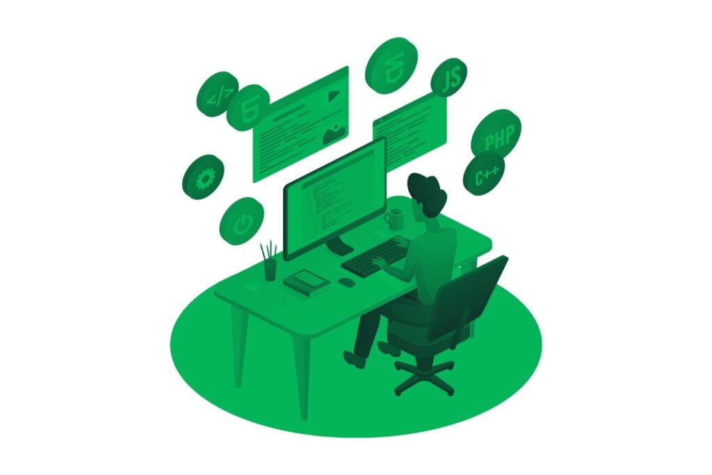 person juggling computer tasks